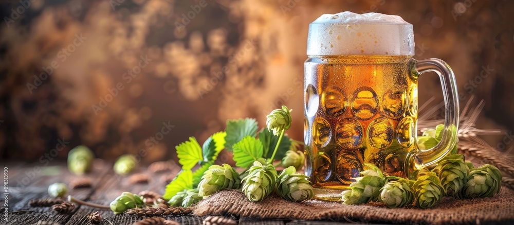 Poster A beer mug displayed on a table with wheat and green hops creating a rustic ambiance in a copy space image