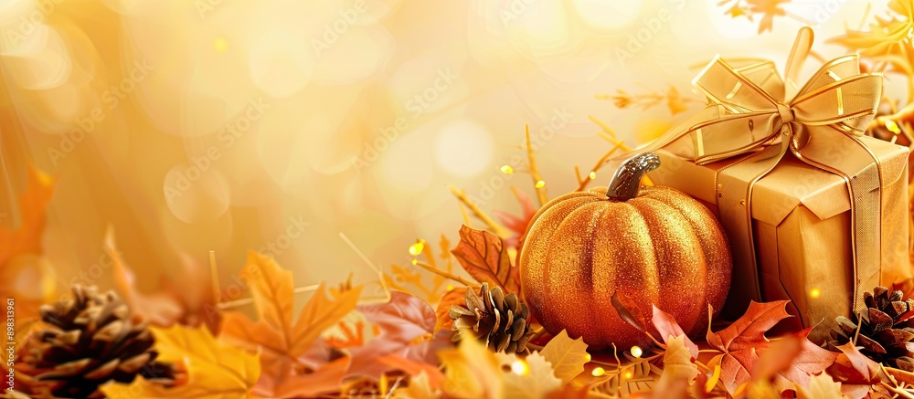 Aufkleber circular sign with a fall themed pumpkin and gift box on a golden backdrop ideal for a copy space im