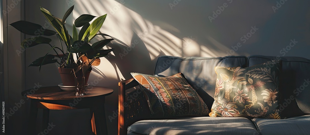 Poster A dark apartment interior featuring patterned cushions resting on a sofa beside a wooden table with a plant against a white background Displayed in a real photo with copy space image