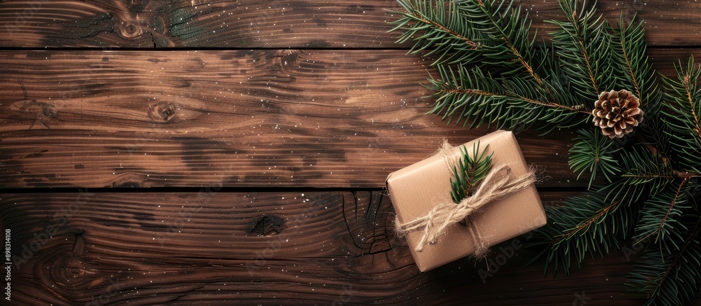 Leinwandbilder a christmas present box sits beside a fir tree branch on a wooden table seen from above with room fo
