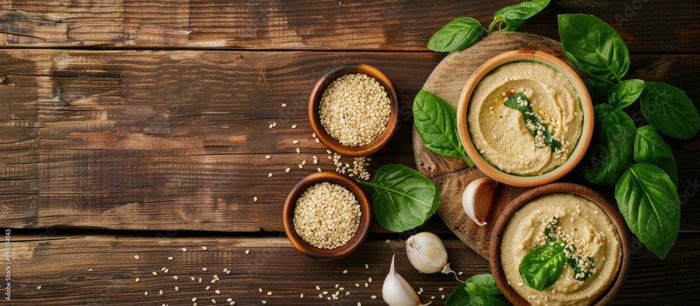 Aufkleber colorful wooden background supporting bowls filled with appetizing tahini sesame seeds garlic and sp
