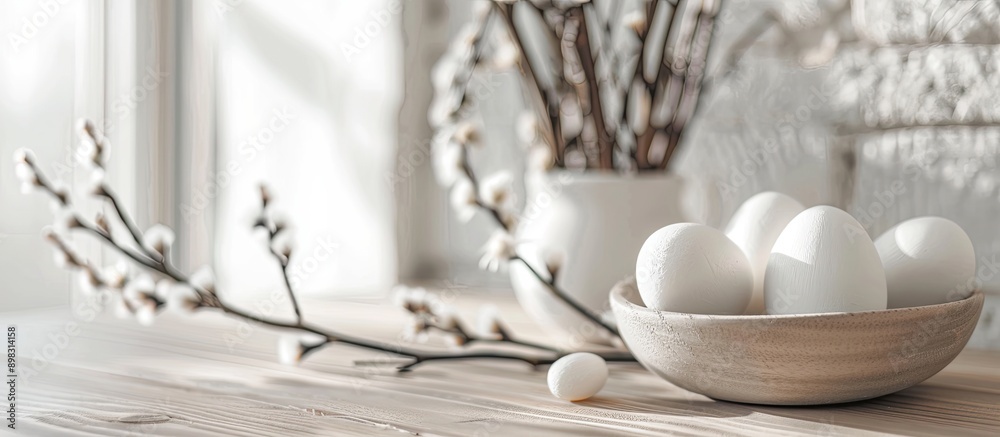 Poster bright wooden table decorated with white wooden easter eggs willow catkin and with space for an imag