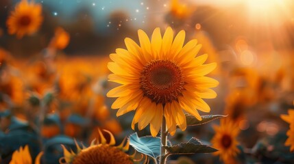 Fototapeta premium Sunflower among sunflowders, sun illuminating background