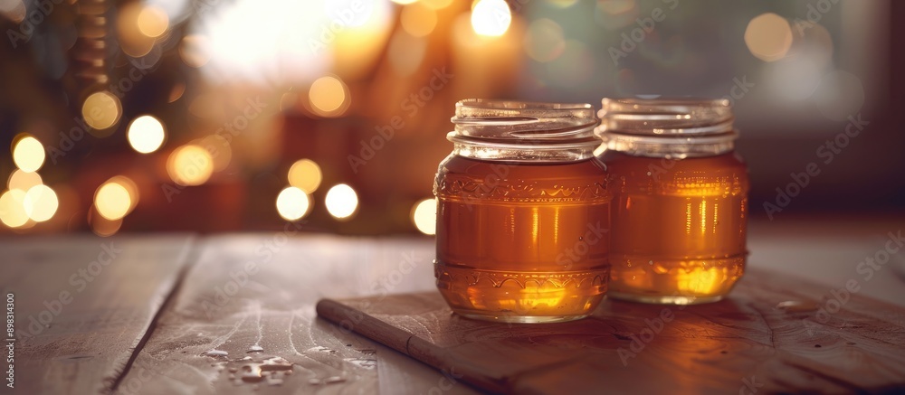 Poster Blurry lights create a soft backdrop for glass jars filled with delicious honey on a table offering a perfect copy space image