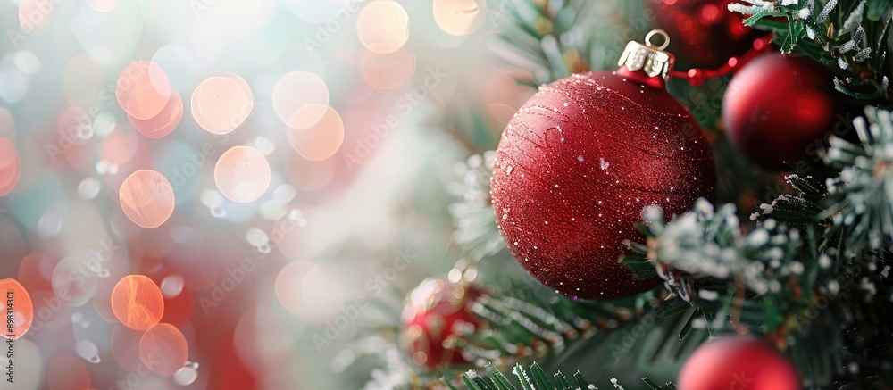Poster close up view of red christmas ball and toys arranged on a christmas tree with a blurred background 