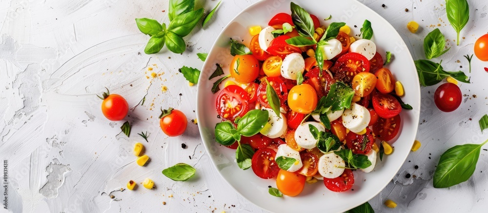 Poster delicious italian caprese salad made with ripe tomatoes mozzarella basil and corn salad on a white b