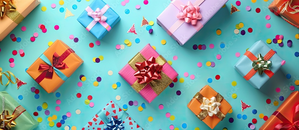 Fototapete top view of a colorful flat lay with various gift boxes wrapped in bright paper and adorned with con
