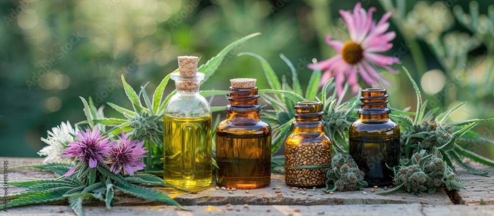 Poster cbd oil hemp oil bottles and flowers displayed on a wooden table create a medical cannabis concept w