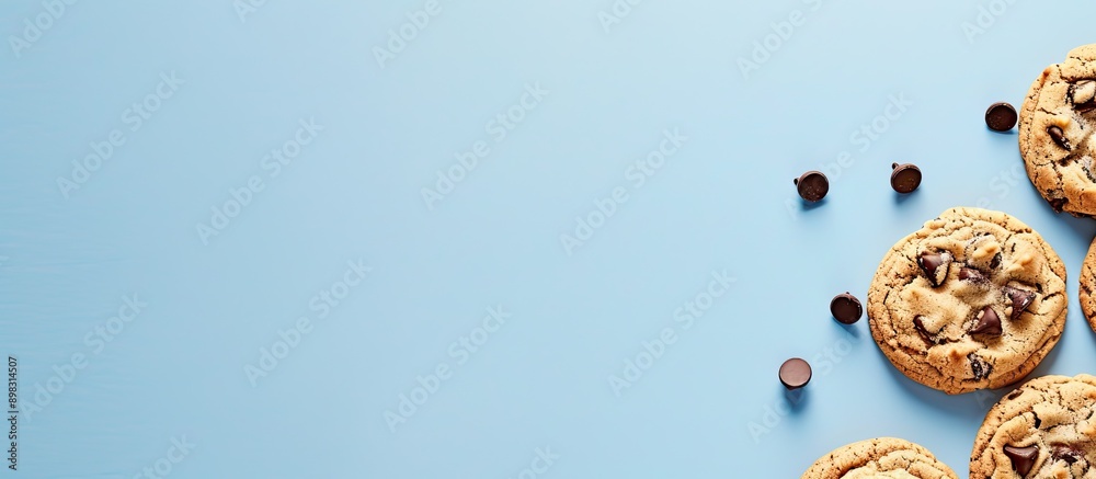 Aufkleber chocolate chip cookies arranged on a blue backdrop with copy space image