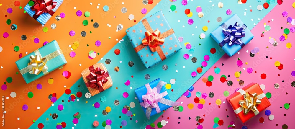 Fototapete top view of a colorful flat lay with various gift boxes wrapped in bright paper and adorned with con
