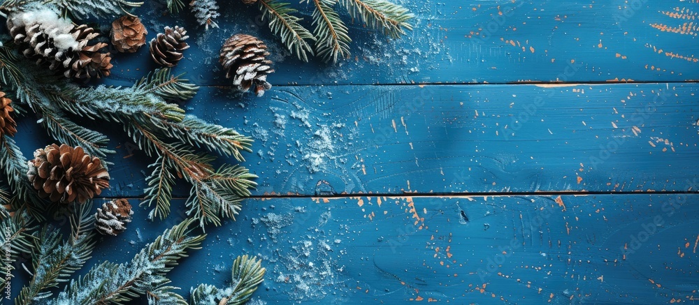 Poster blue wooden texture with fir branches cones and snow for winter christmas vibe suitable for copy spa
