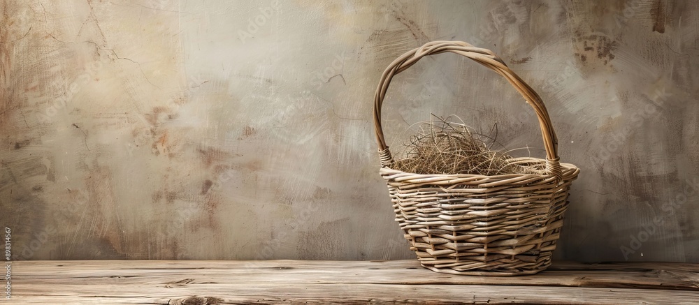 Aufkleber basket on wooden table against worn wall with blank space image. creative banner. copyspace image