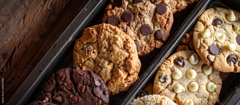 Poster assorted cookies including chocolate chip oatmeal raisin and white chocolate on a tray with copy spa