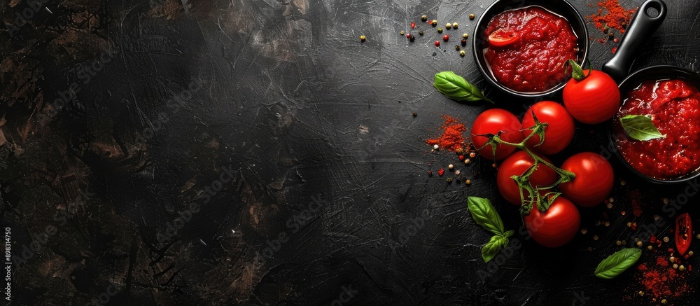 Poster Black background texture with tomato sauce creates an alluring copy space image