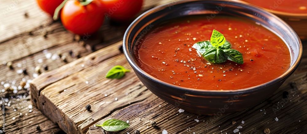 Poster close up of tomato soup on a wooden surface with copy space image