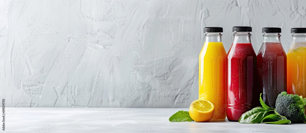Poster detox program featuring smoothies made with fruit and vegetable juices served in plastic bottles and