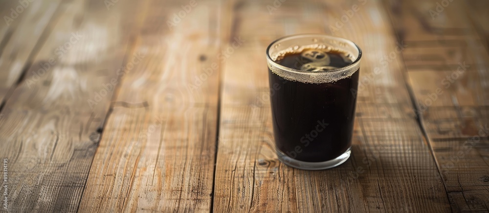 Poster a black drink in a glass cup is placed on a wooden floor with space for text or images in the backgr