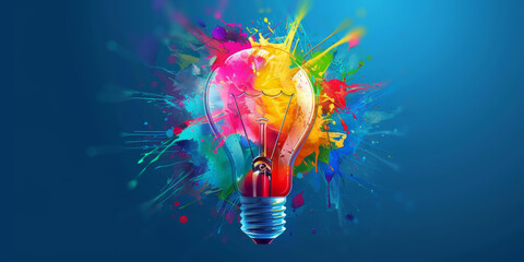 Obraz premium Colorful Light Bulb with Creative Explosion of Paint Splashes on Blue Background. Idea Concept