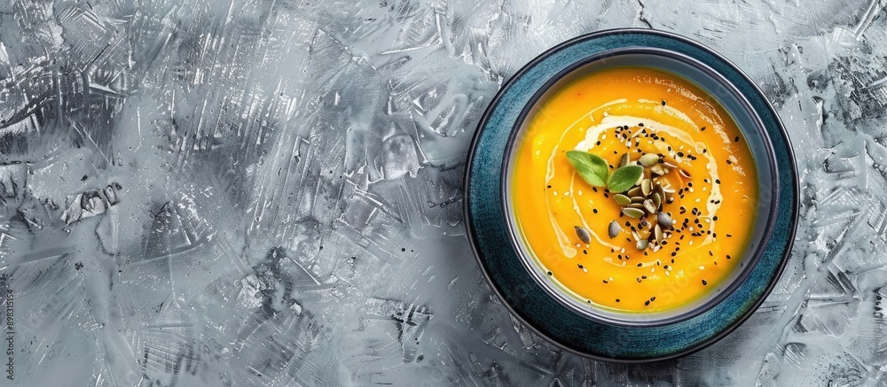 Poster A blue bowl containing butternut cream soup garnished with seeds presented in a top view on a grey stone background with copy space image