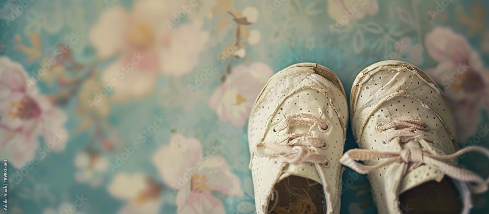 Poster Baby shoes on a unique backdrop designed for adding your text in the available space image. Creative banner. Copyspace image