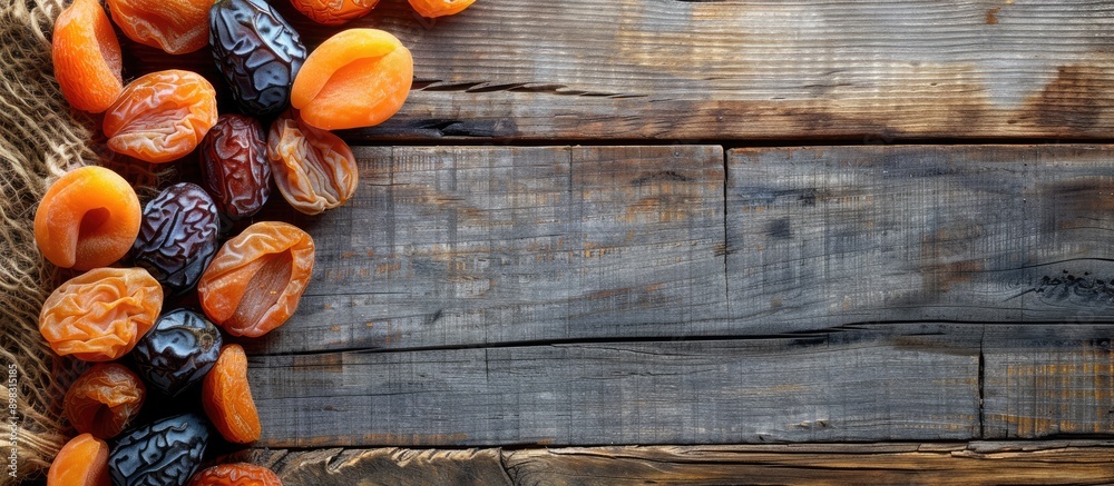 Poster Top view of date fruits and dried apricots arranged on a rustic wooden table with copy space image