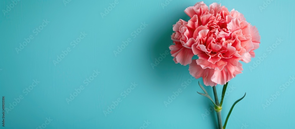 Aufkleber top down view of a lovely pink carnation flower on a bright blue table with copy space image represe