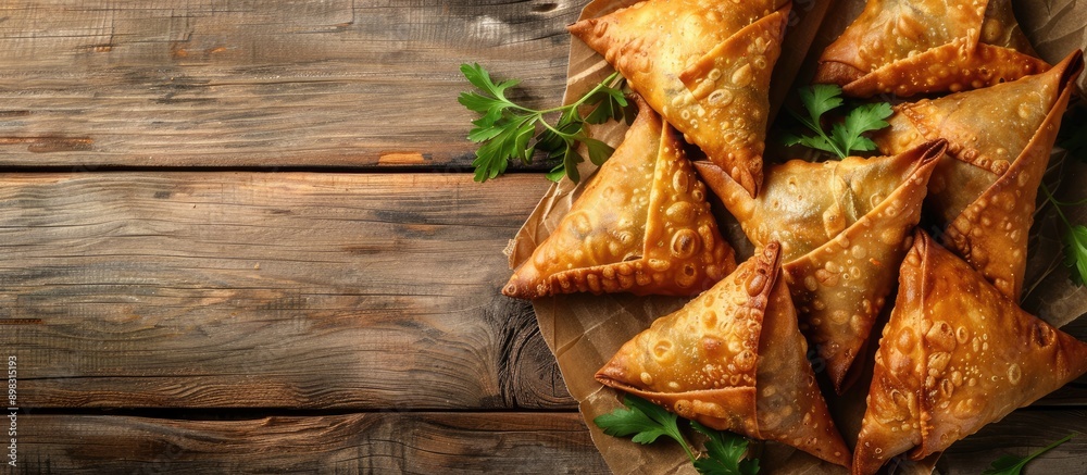 Poster Top view of delicious Samsa samosas filled with chicken fillet and cheese set on a wooden surface creating a visually appealing copy space image