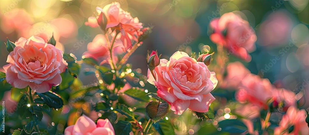 Fototapete close up image of double delight rose flowers illuminated by summer sunlight set against a blurred e