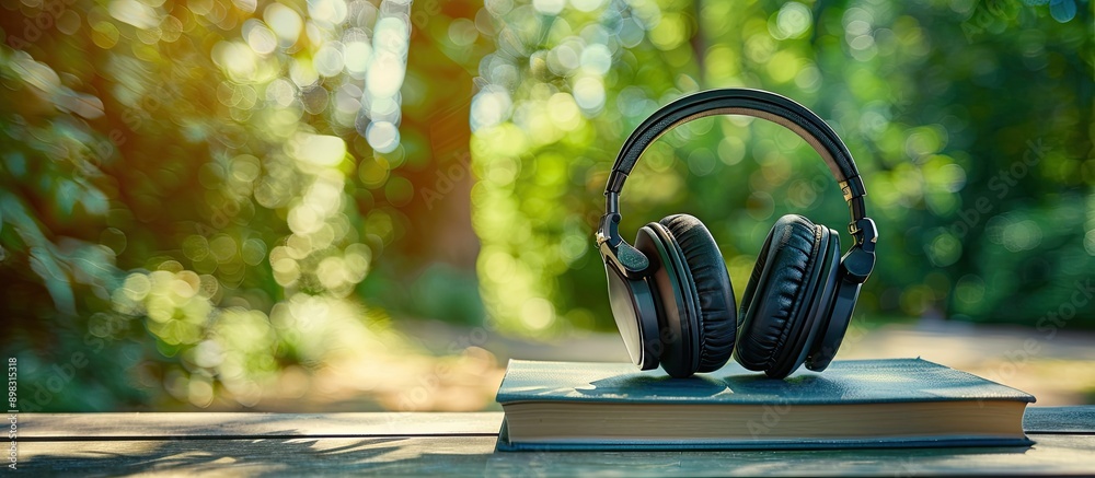 Poster A book and black headphones are placed next to each other on a wooden table with an abstract green nature blur background creating a reading and education themed copy space image