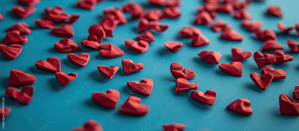 Poster Aerial perspective of numerous red hearts against a blue backdrop in a photograph with empty space for text known as a copy space image