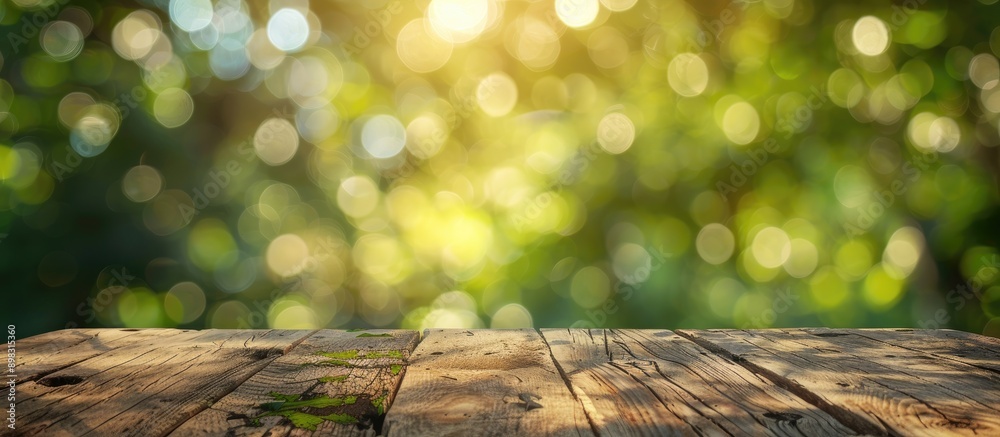 Leinwandbilder blurred green backdrop adds bokeh effect to wooden surface with copy space image