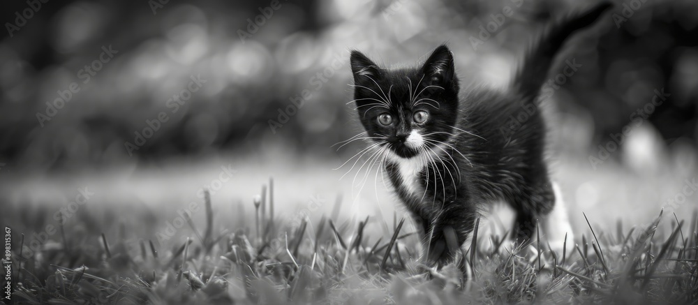 Poster a charming black and white kitten plays happily in the yard with a copy space image available