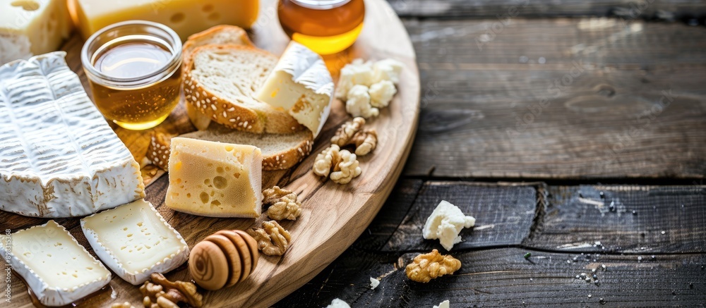 Aufkleber a cheese platter with brie slices nuts honey and baguette toast on a wooden board with a copy space 