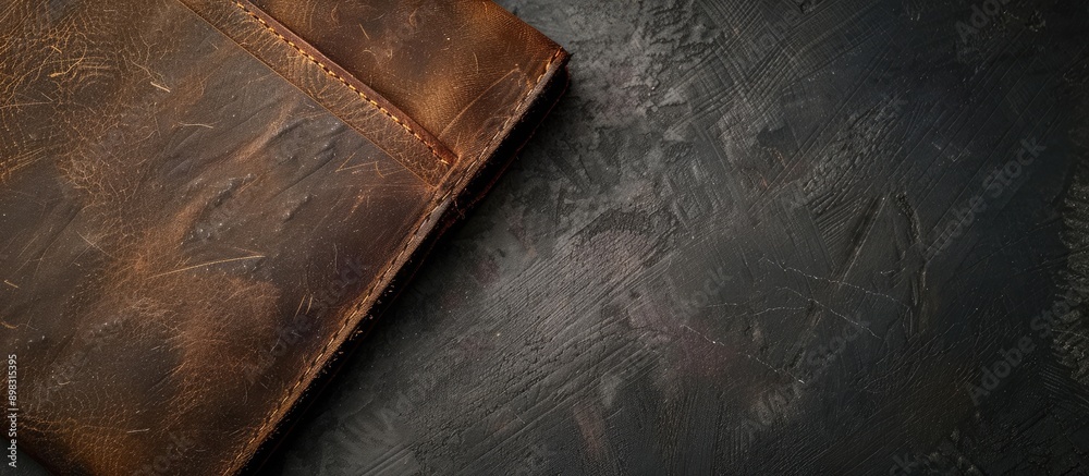 Poster Brown leather wallet fragment on a dark backdrop with copy space image