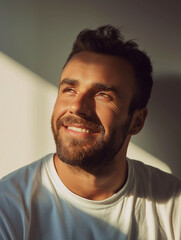 Obraz premium a natural casual man looking happy face of a smiling profile picture with light background