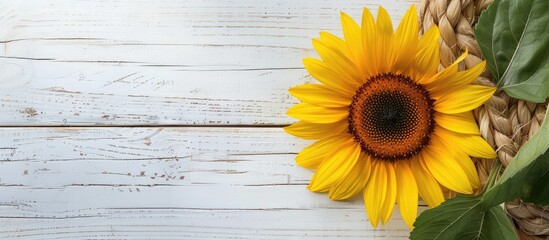 Obraz premium Celebrate Grandparents Day with a charming yellow sunflower against a white wooden backdrop adorned with a bocho style braided tablecloth Include copy space image