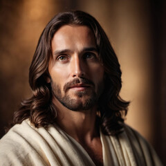 Fototapeta premium Portrait of a Man Dressed as Jesus. White robe. Long brown hair and beard. Man appears to be in his early 30s, and he has a serious expression on his face. Christian religion and faith. AI