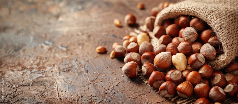 Poster A close up image featuring a healthy group of organic nut kernels and hazelnuts piled on a rustic background with ample copy space