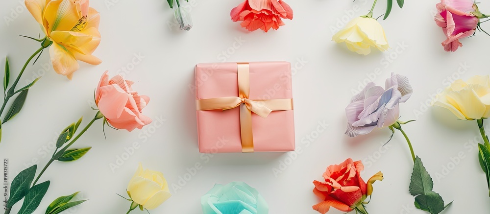 Poster colorful gift box surrounded by vibrant eustomas on a white table creating a festive and cheerful di