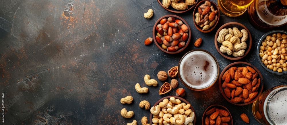 Poster Top view of assorted nuts lager beer and snacks displayed on a stone table with plenty of space for additional content in the image