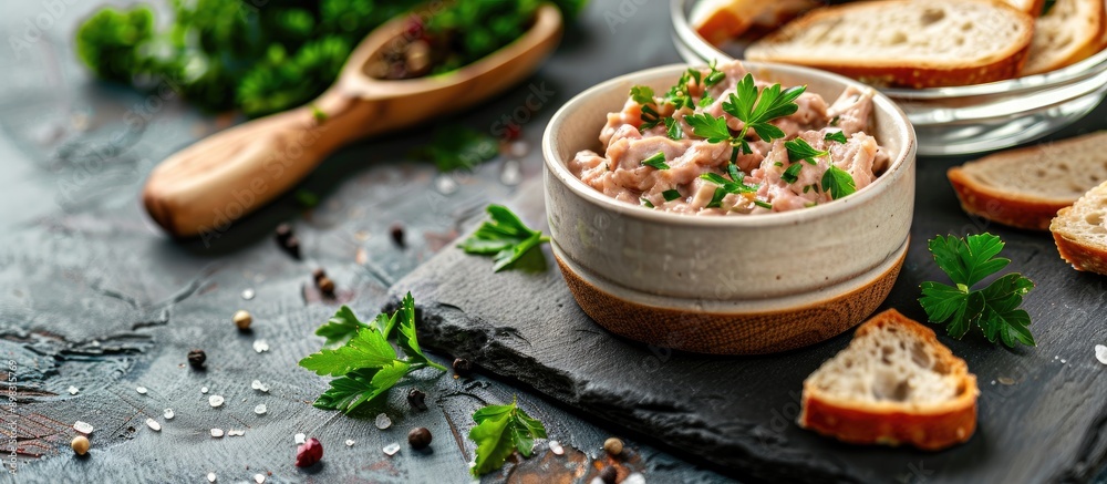 Poster chicken pate garnished with parsley on a cutting board on a stone background providing space for you