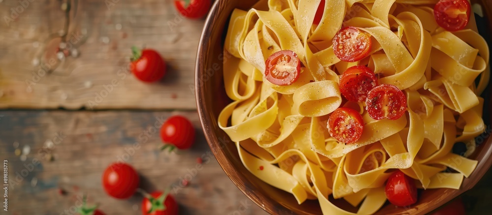 Poster Bowl with raw pasta and cherry tomatoes displaying an appealing copy space image