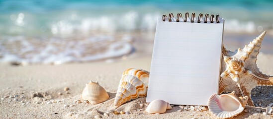 A beach holiday scene with a blank notepad and seashell copy space image