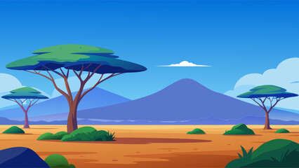 African savannah landscape with trees, rocks, and open grassland under a clear blue sky