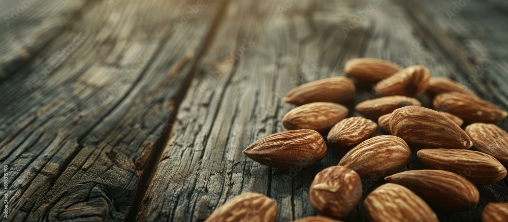 Poster almonds positioned on a dark wooden surface with a focus on their organic protein rich nature creati