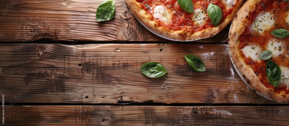 Aufkleber top down view of a margherita pizza on a wooden surface with ample space for text or graphics