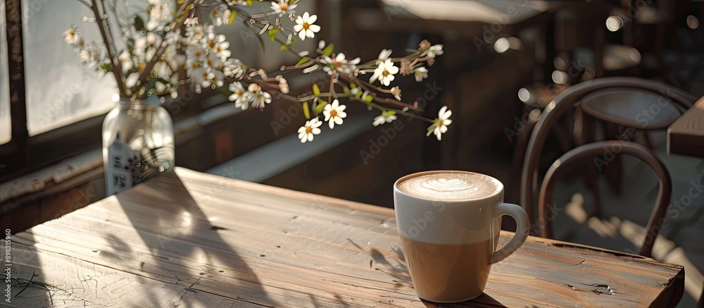 Poster a cafe latte sits on a wooden table beside a small plant with blooms contains copy space image