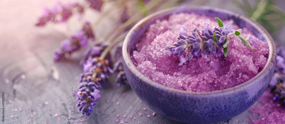 Aufkleber close up view of a bowl containing a sugar scrub with lavender flowers on a table providing copy spa