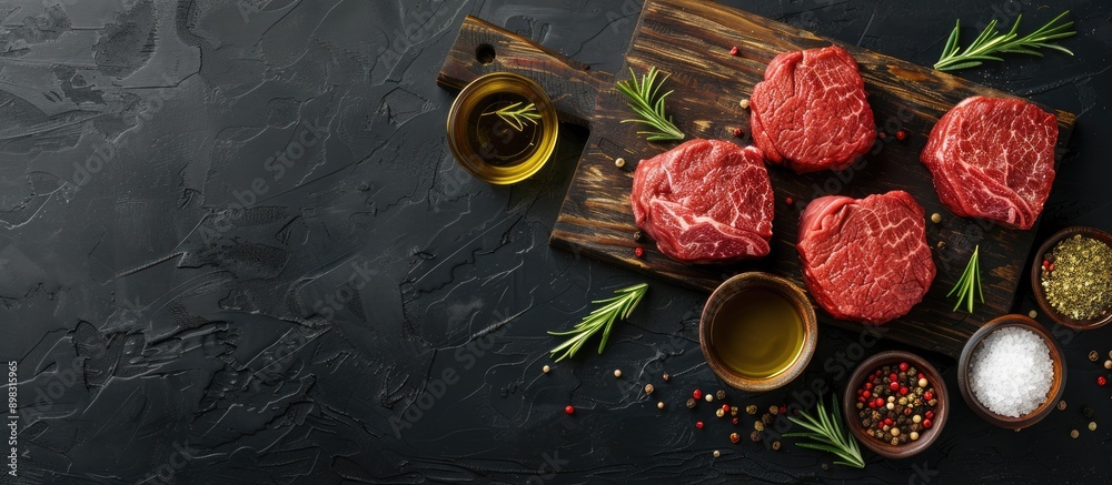 Poster Beef tenderloin with various seasonings and oils displayed on a wooden board against a black background in a top view photograph with copy space image
