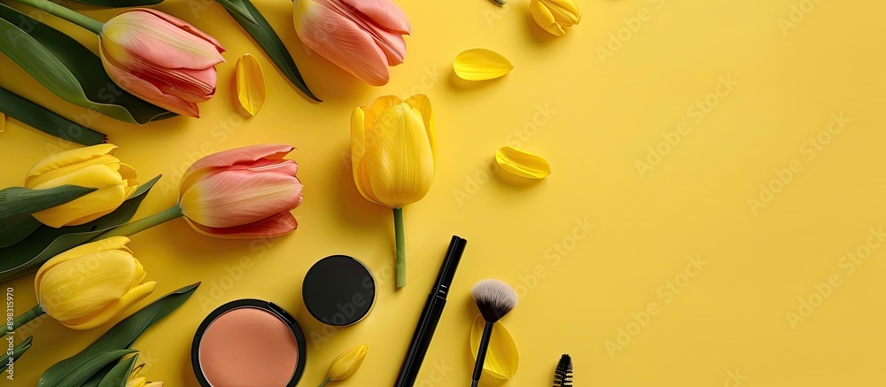 Poster a flat lay arrangement featuring makeup products and yellow tulips on a yellow backdrop with copy sp